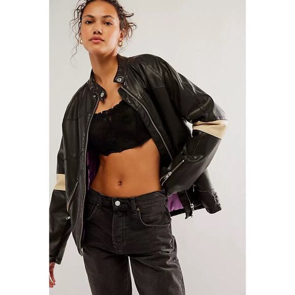 We The Free People Ryder Striped Leather Coat Jacket Black Large L NWT - Picture 1 of 7